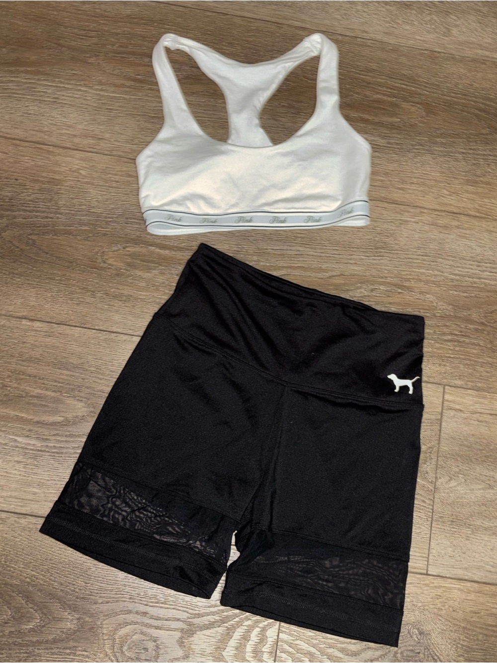 Victoria Secret Pink White Sports Bra and Black High-Waist Bike Shorts Set